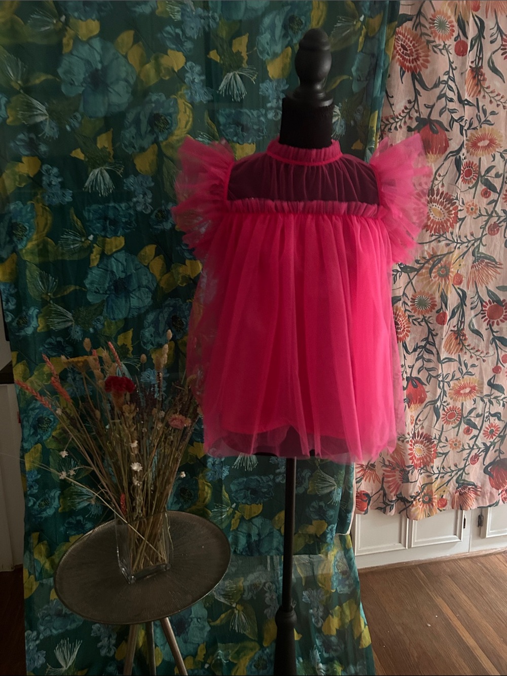 BiBi Hot Pink Tulle Ruffled Sleeveless Blouse